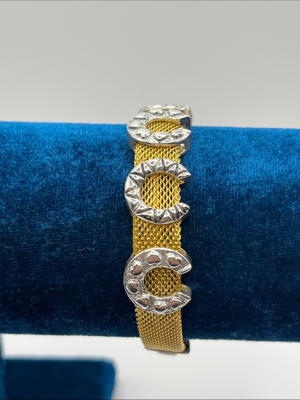 Vintage Gold Mesh Bracelet with Silver Horseshoe Accents Bracelet Equestrian